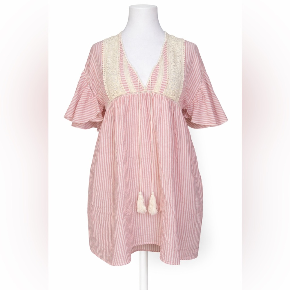GIGIO Pink Stripe 100% Cotton Dress Lace Trim Boho Cottagecore Babydoll